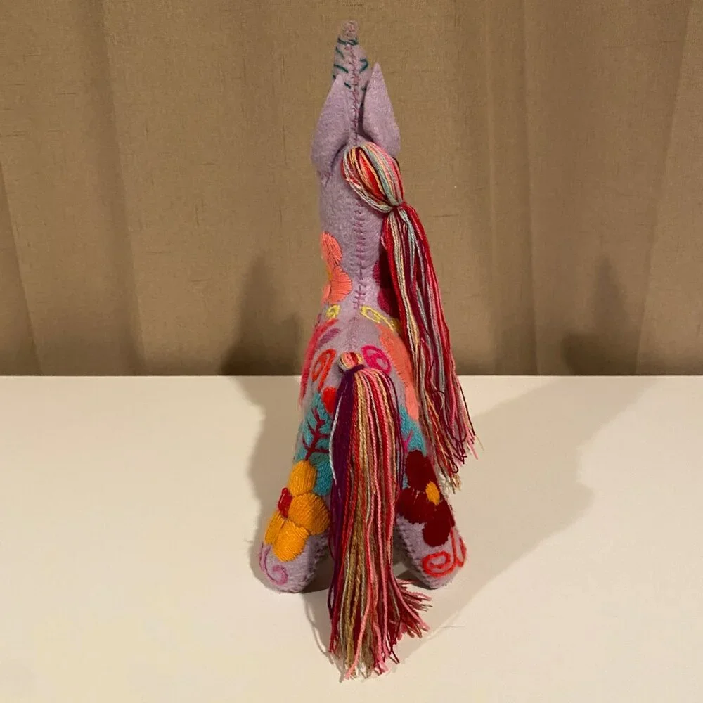 Mexican Felted Folk Art Embroidered Unicorn‎ Plush 11x7 Boho Decor Toy